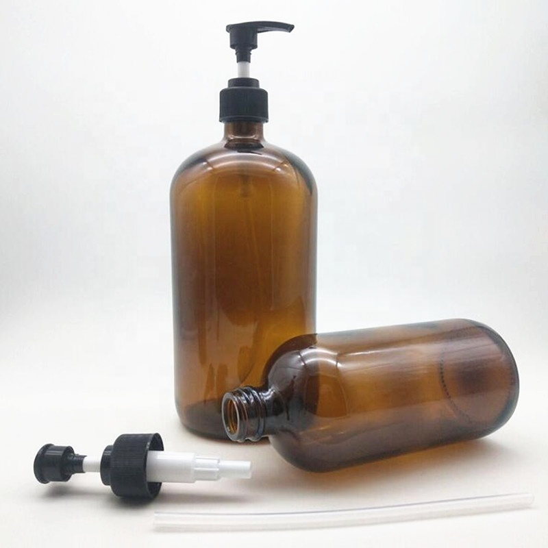 250ml 500ml 1000ml transparent amber boston glass essential oil shampoo body lotion pump bottle