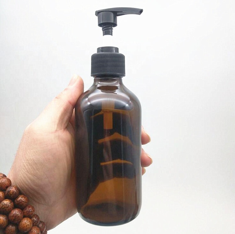 250ml 500ml 1000ml transparent amber boston glass essential oil shampoo body lotion pump bottle