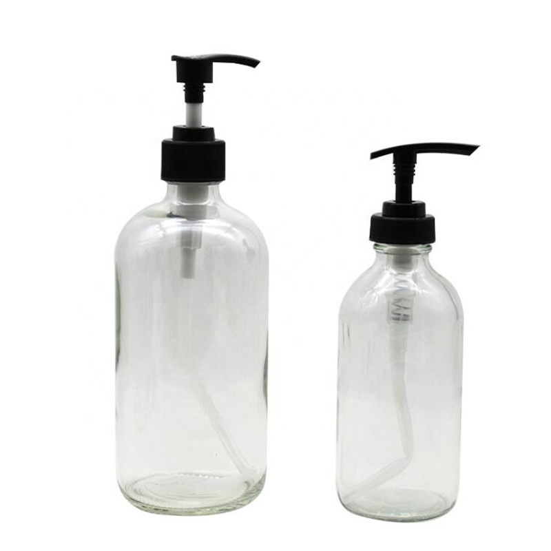 250ml 500ml 1000ml transparent amber boston glass essential oil shampoo body lotion pump bottle