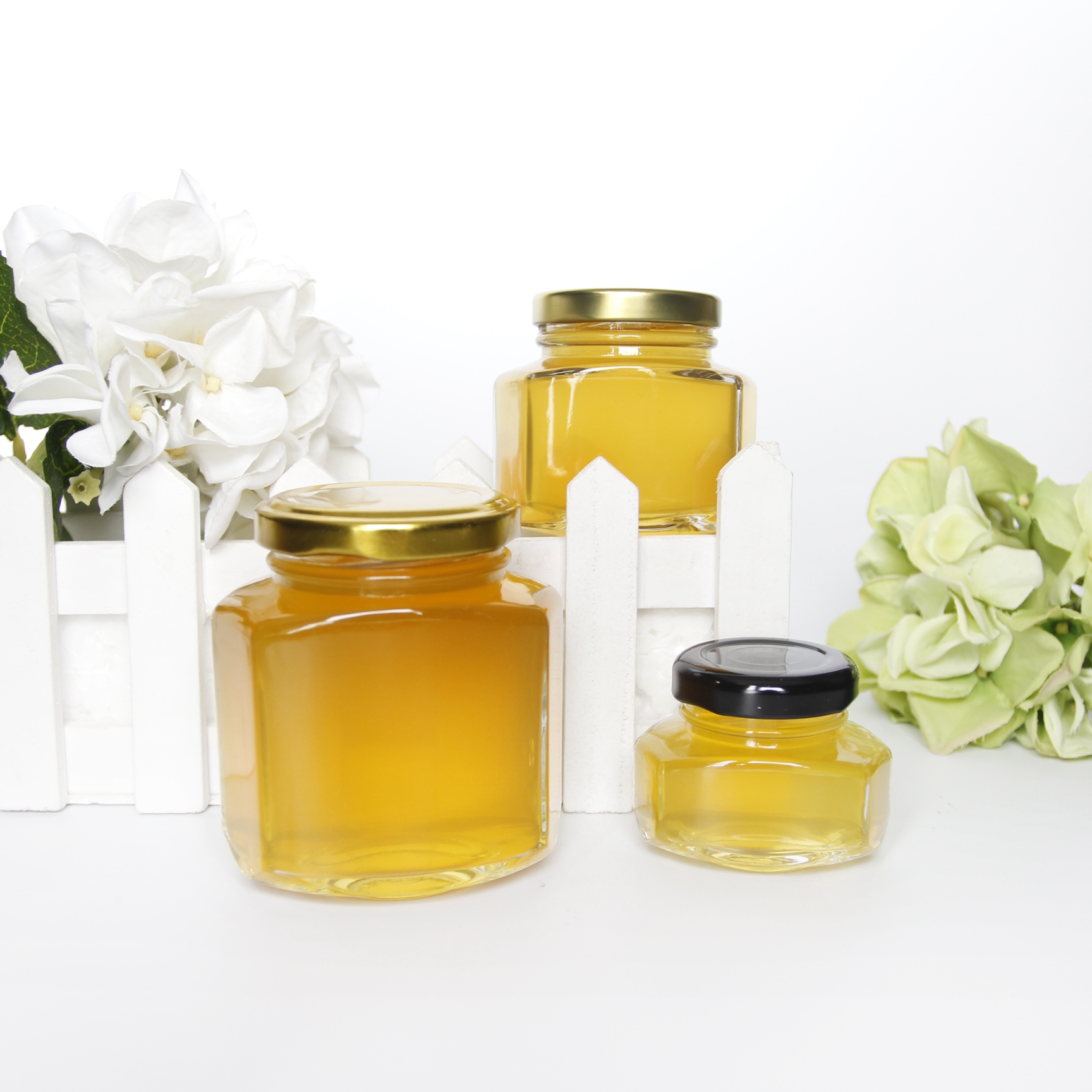 250ml 500ml 700ml Square Hexagon Glass Honey Jar With Metal Lids For Jam