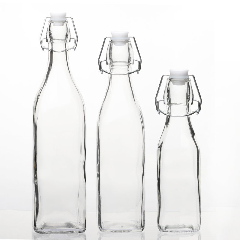 250ml 500ml 750ml 1000ml round square clear transparent carbonated buckle sealed glass beer bottle with flip top