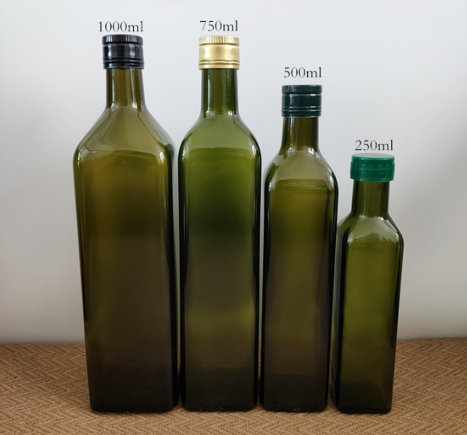 250ml 500ml 750ml Empty Marasca Edible Oil Bottle Green Glass Olive Oil Bottles with lid