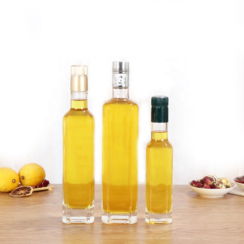 250ml 500ml 750ml Wholesale high-end square edible oil bottle glass olive oil bottle clear marasca glass bottle