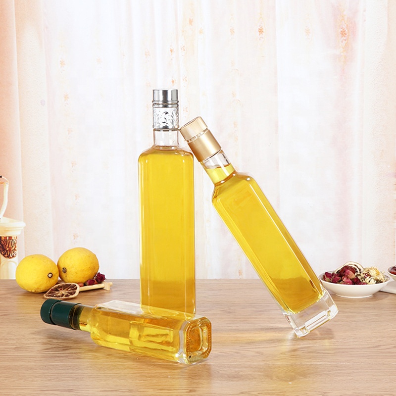 250ml 500ml 750ml Wholesale high-end square edible oil bottle glass olive oil bottle clear marasca glass bottle