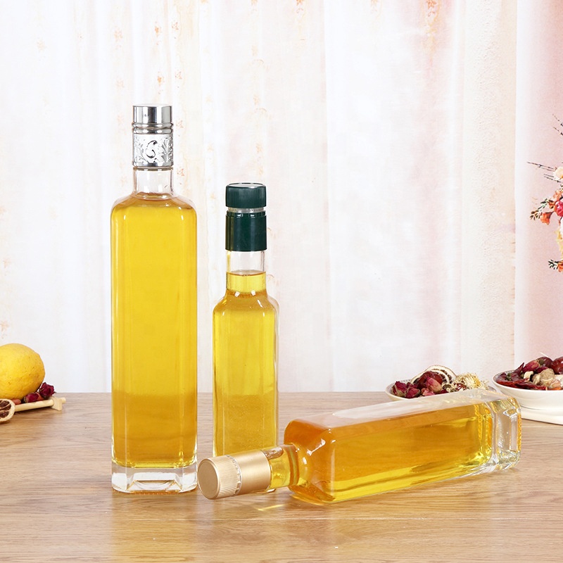 250ml 500ml 750ml Wholesale high-end square edible oil bottle glass olive oil bottle clear marasca glass bottle