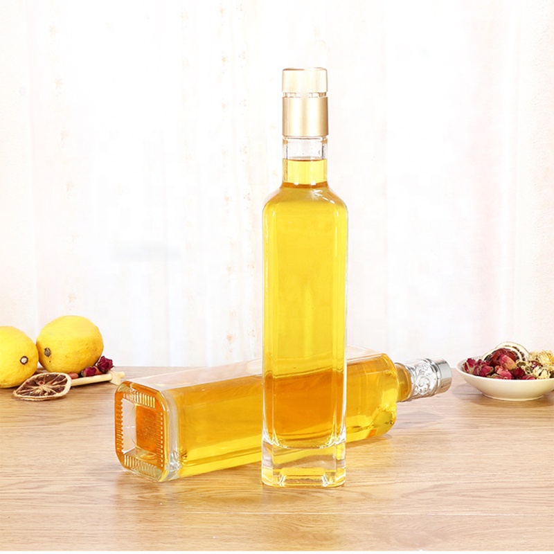 250ml 500ml 750ml Wholesale high-end square edible oil bottle glass olive oil bottle clear marasca glass bottle