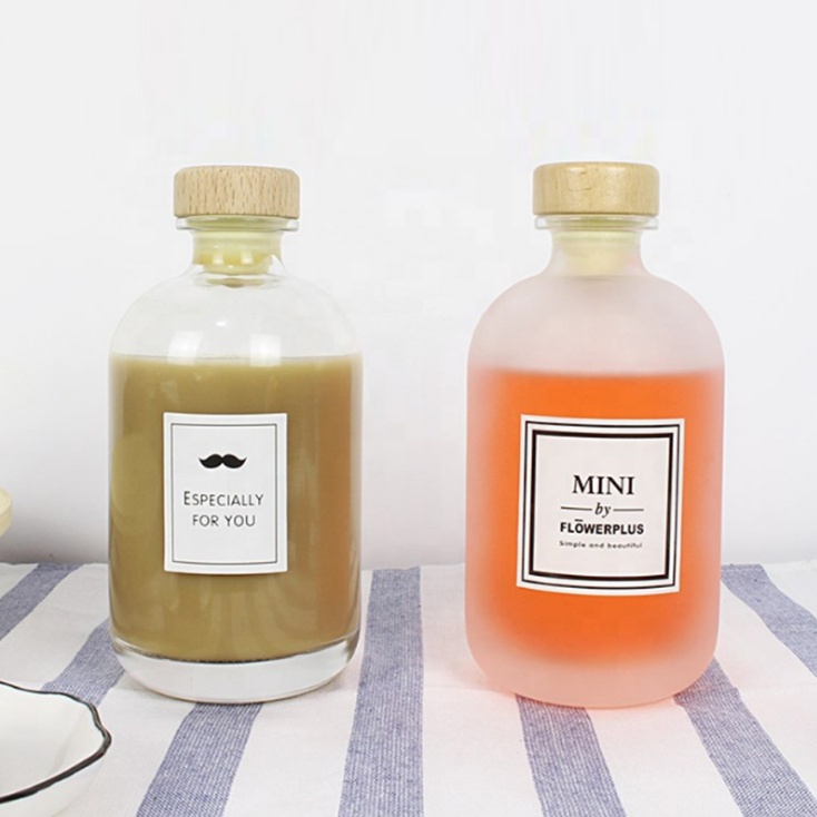 250ml 500ml Clear Frosted Glass Juice Bottle For Fruit Wine Glass Bottle With Wooden Cork Glass Bottle For Beverage Drinking