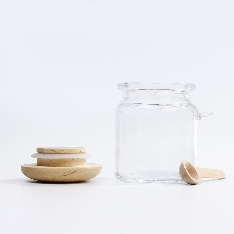 250ml 500ml Glass Jars For Salt Sugar Condiment With Wood lids and Wooded Spoon