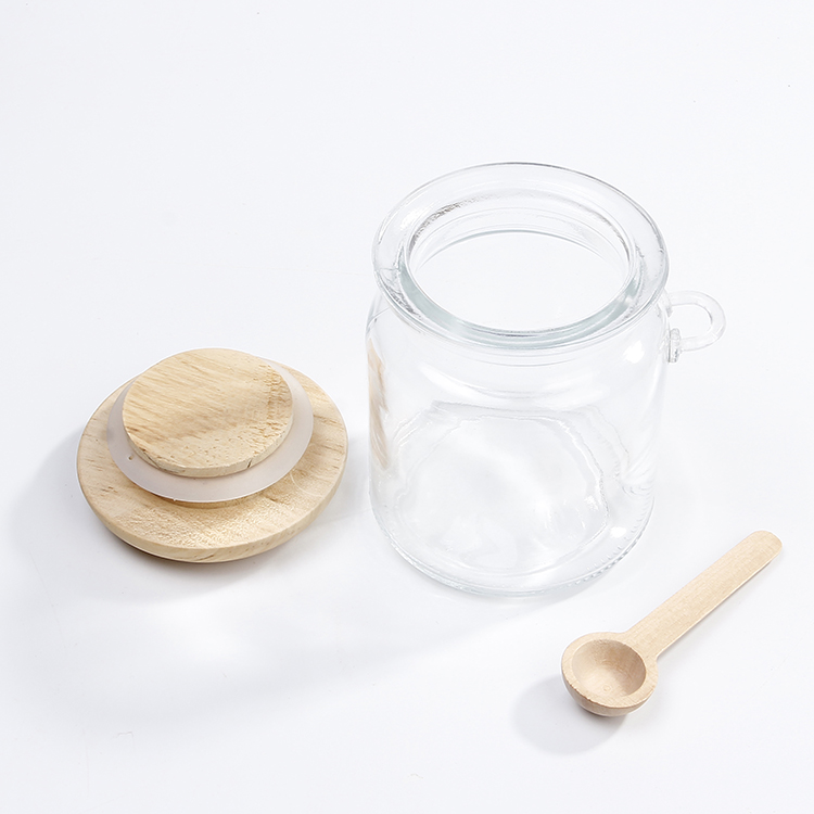 250ml 500ml Glass Jars For Salt Sugar Condiment With Wood lids and Wooded Spoon