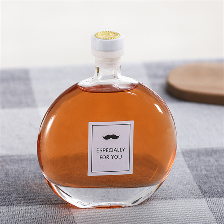 250ml 500ml High quality flat round shape vodka cold brew coffee glass wine bottle