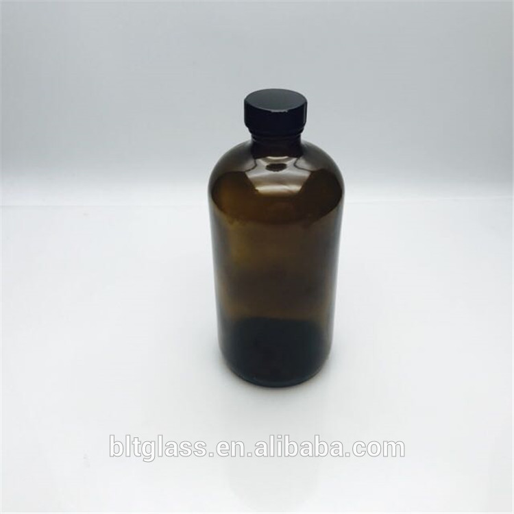 250ml 500ml amber boston round glass bottle with black lid for essential oil coffee beer juice
