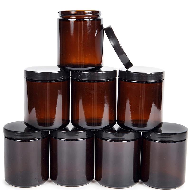 250ml 8oz Amber Round Glass Cosmetic Cream Jars with black lid