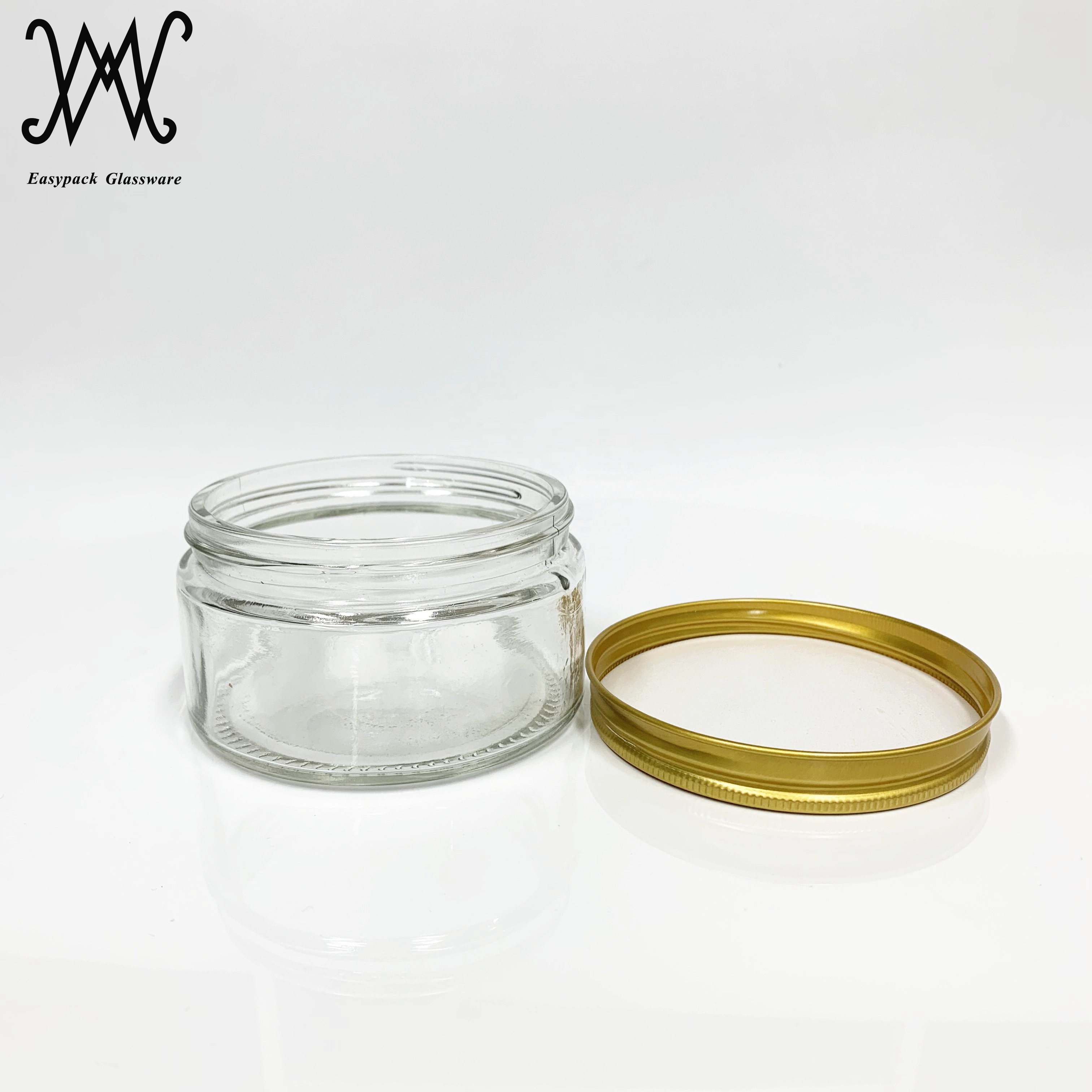 250ml 8oz clear short straight-sided round glass storage jar with gold metal lid