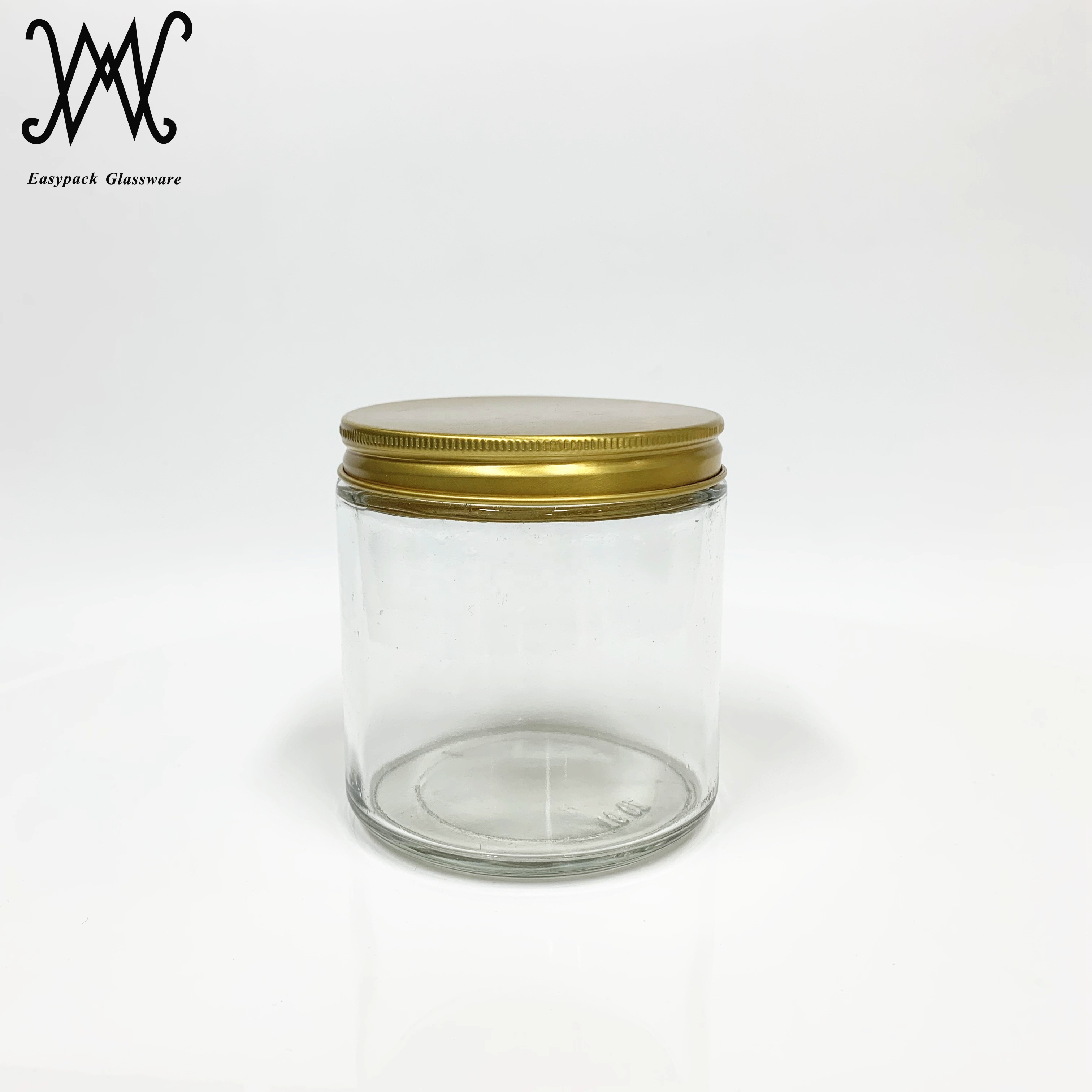 250ml 8oz clear short straight-sided round glass storage jar with gold metal lid