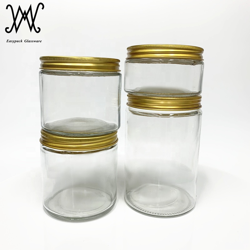 250ml 8oz clear short straight-sided round glass storage jar with gold metal lid