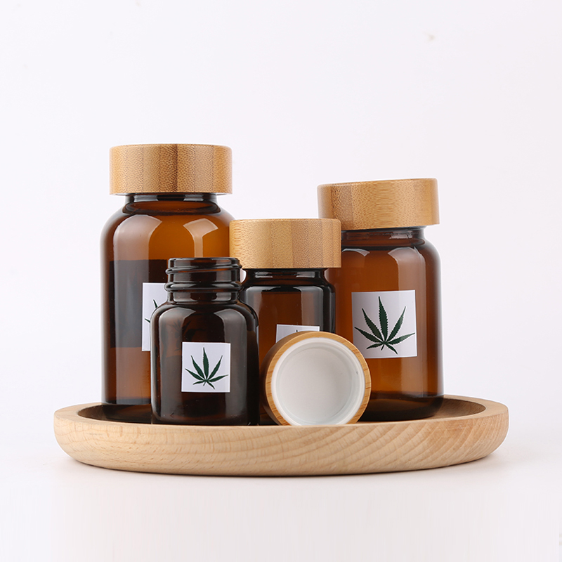 250ml Amber CBD glass jar with Children resistant Lid for CBD oil cosmetic Container with bamboo