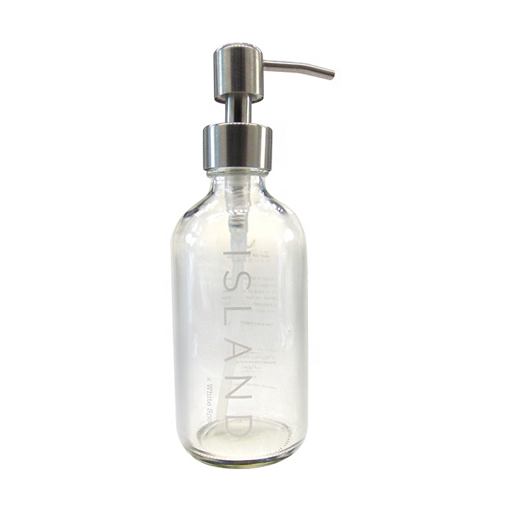 250ml Clear Boston Round Glass Bottle With Stainless Steel Pump 8oz. 240Ml