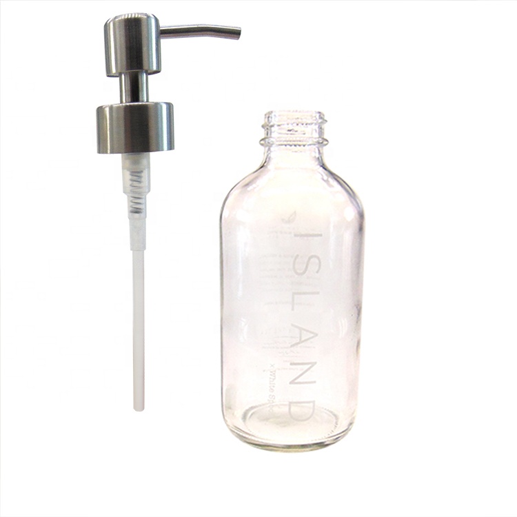 250ml Clear Boston Round Glass Bottle With Stainless Steel Pump 8oz. 240Ml