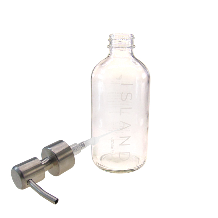 250ml Clear Boston Round Glass Bottle With Stainless Steel Pump 8oz. 240Ml