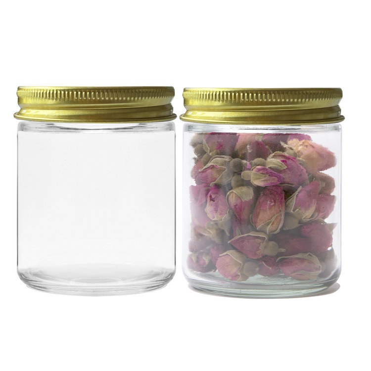 250ml Clear Straight Side Glass Cosmetic Jar 8oz with Gold Metal Lid