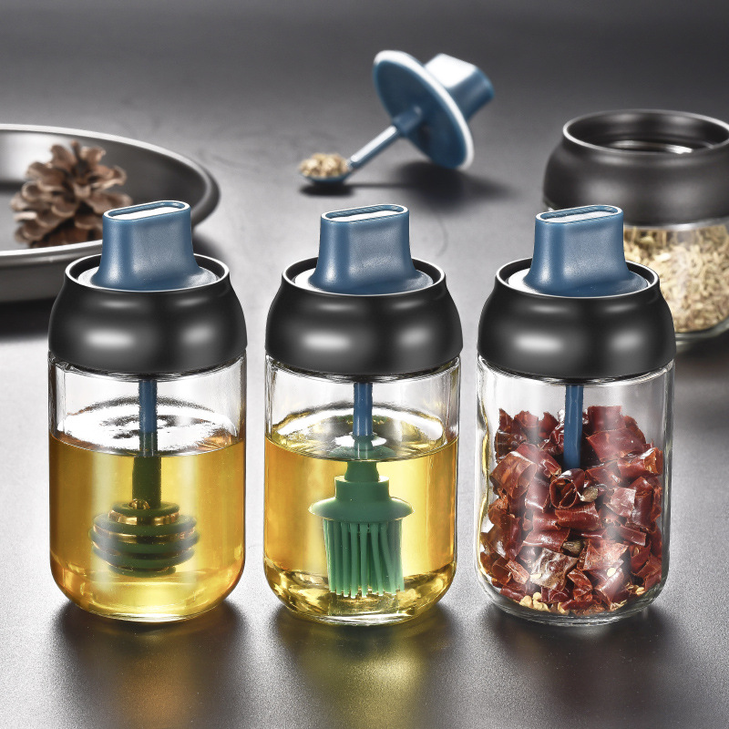 250ml Kitchen Seasoning Bottles Condiment Jars Glass Honey Pot Oil Bottle with Brush Spoon Dipper