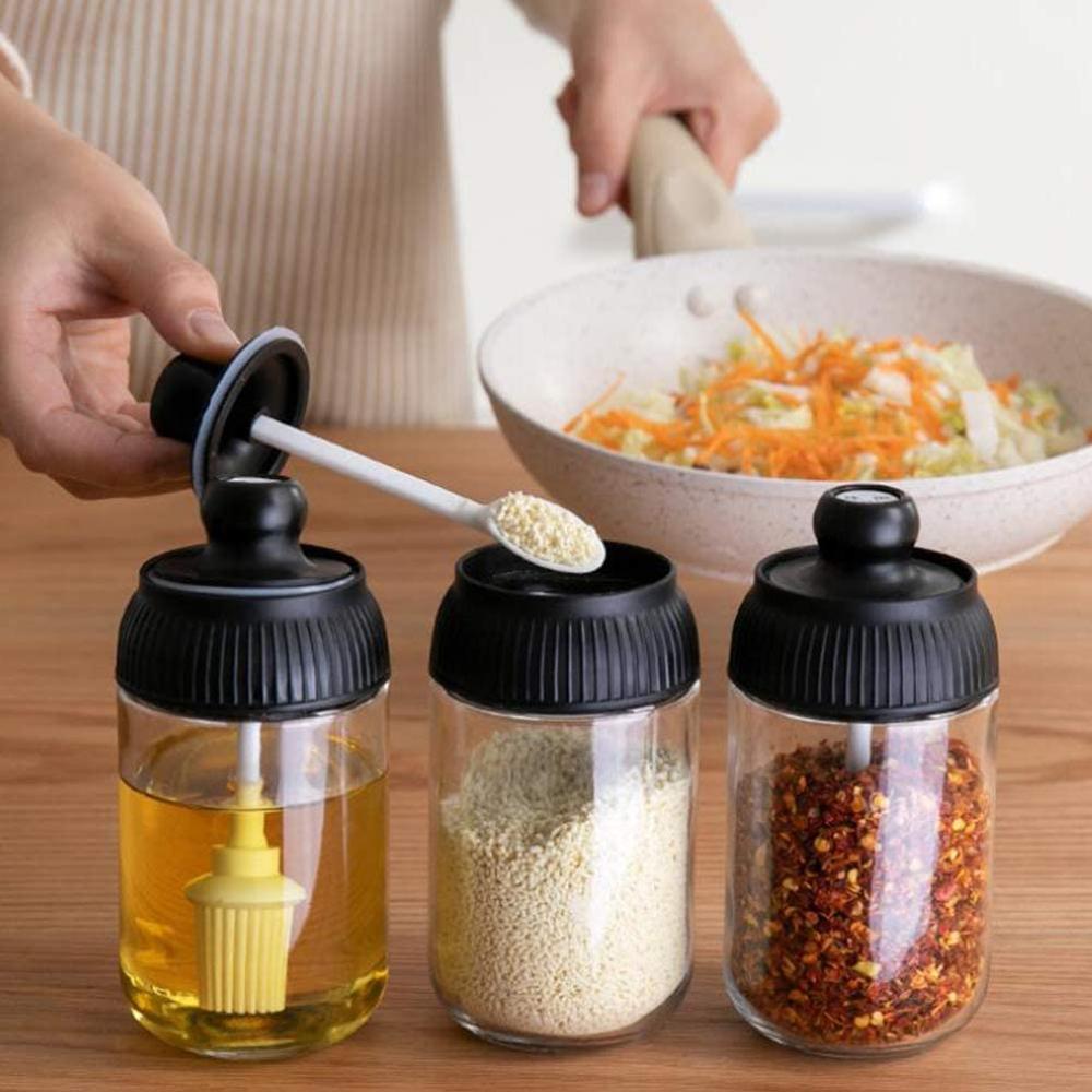 250ml Seasoning Bottles Glass Condiment Storage Containers Condiment Pot Spice jar with Spoon Honey Pot Oil Brush Bottle
