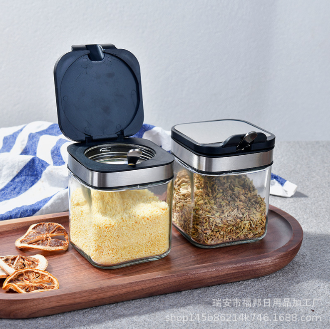 250ml Seasoning Storage Square Glass Spice Jars With Stainless Steel Lid Spoon