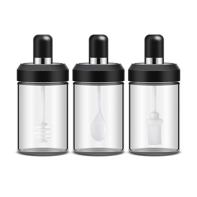 250ml Spoon and lid integrated Lead-free seasoning glass storage bottle kitchen glass spice jar with spoon brush