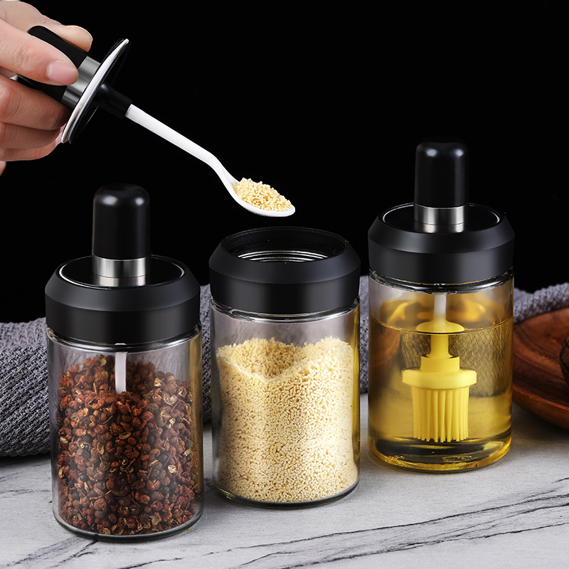 250ml Spoon and lid integrated Lead-free seasoning glass storage bottle kitchen glass spice jar with spoon brush