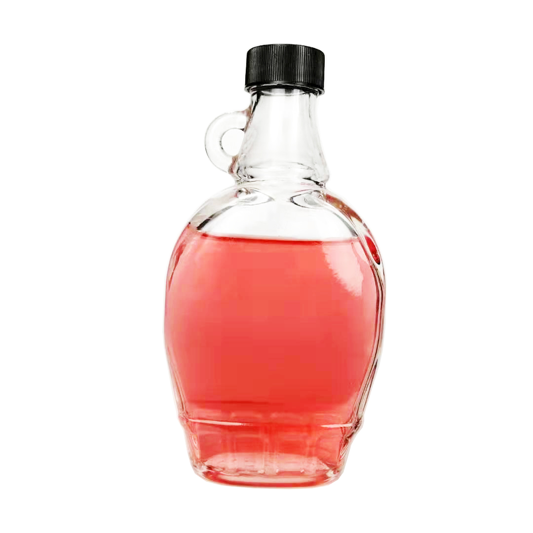 250ml Wholesale Clear Glass Material Empty Maple Coffee Syrup Bottles With Loop Handle & Black Plastic Lids