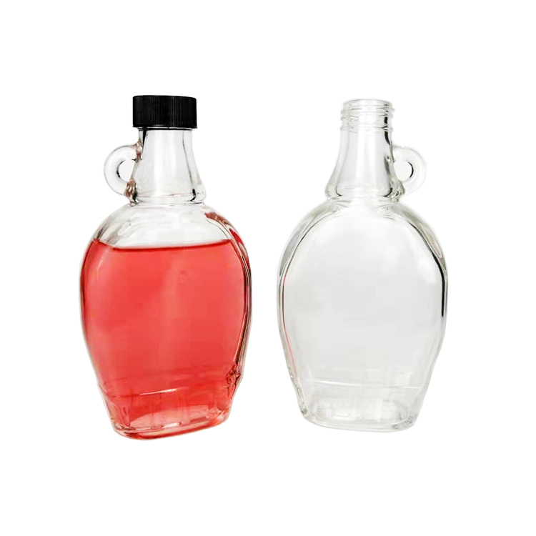 250ml Wholesale Clear Glass Material Empty Maple Coffee Syrup Bottles With Loop Handle & Black Plastic Lids