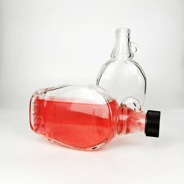 250ml Wholesale Clear Glass Material Empty Maple Coffee Syrup Bottles With Loop Handle & Black Plastic Lids