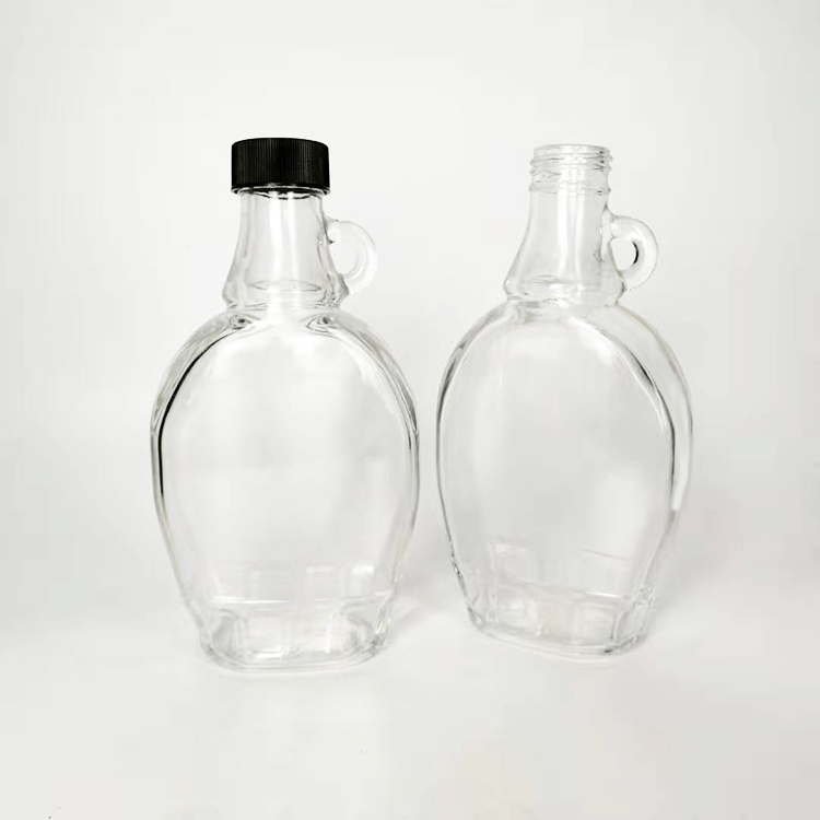 250ml Wholesale Clear Glass Material Empty Maple Coffee Syrup Bottles With Loop Handle & Black Plastic Lids