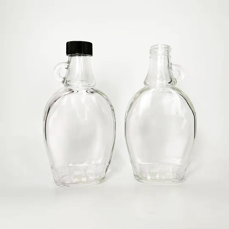 250ml Wholesale Clear Glass Material Empty Maple Coffee Syrup Bottles With Loop Handle & Black Plastic Lids