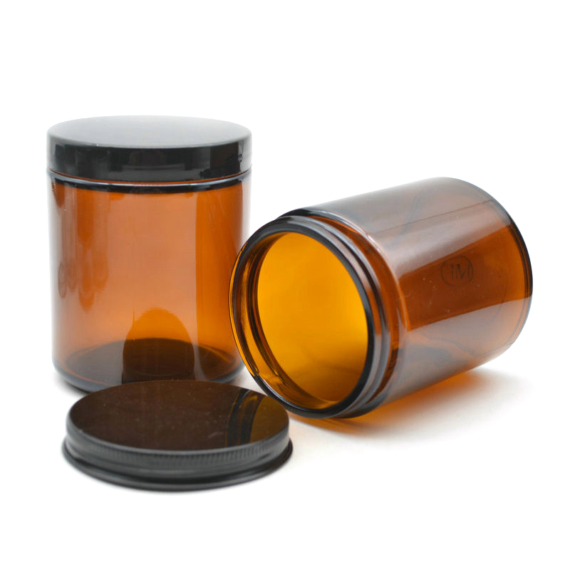 250ml clear Amber straight side round glass jar with metal top