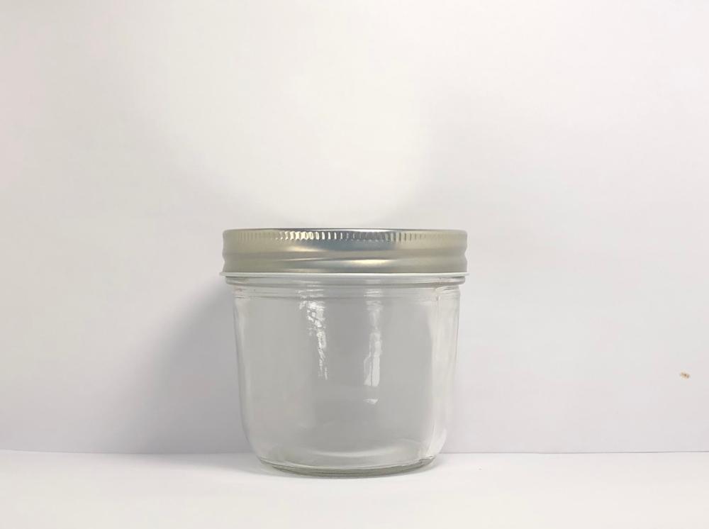 250ml clear round glass jar with silver metal screw cap and colorful labels