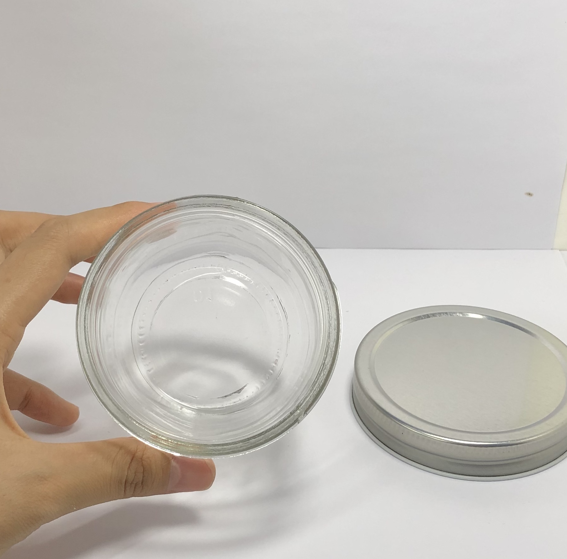 250ml clear round glass jar with silver metal screw cap and colorful labels