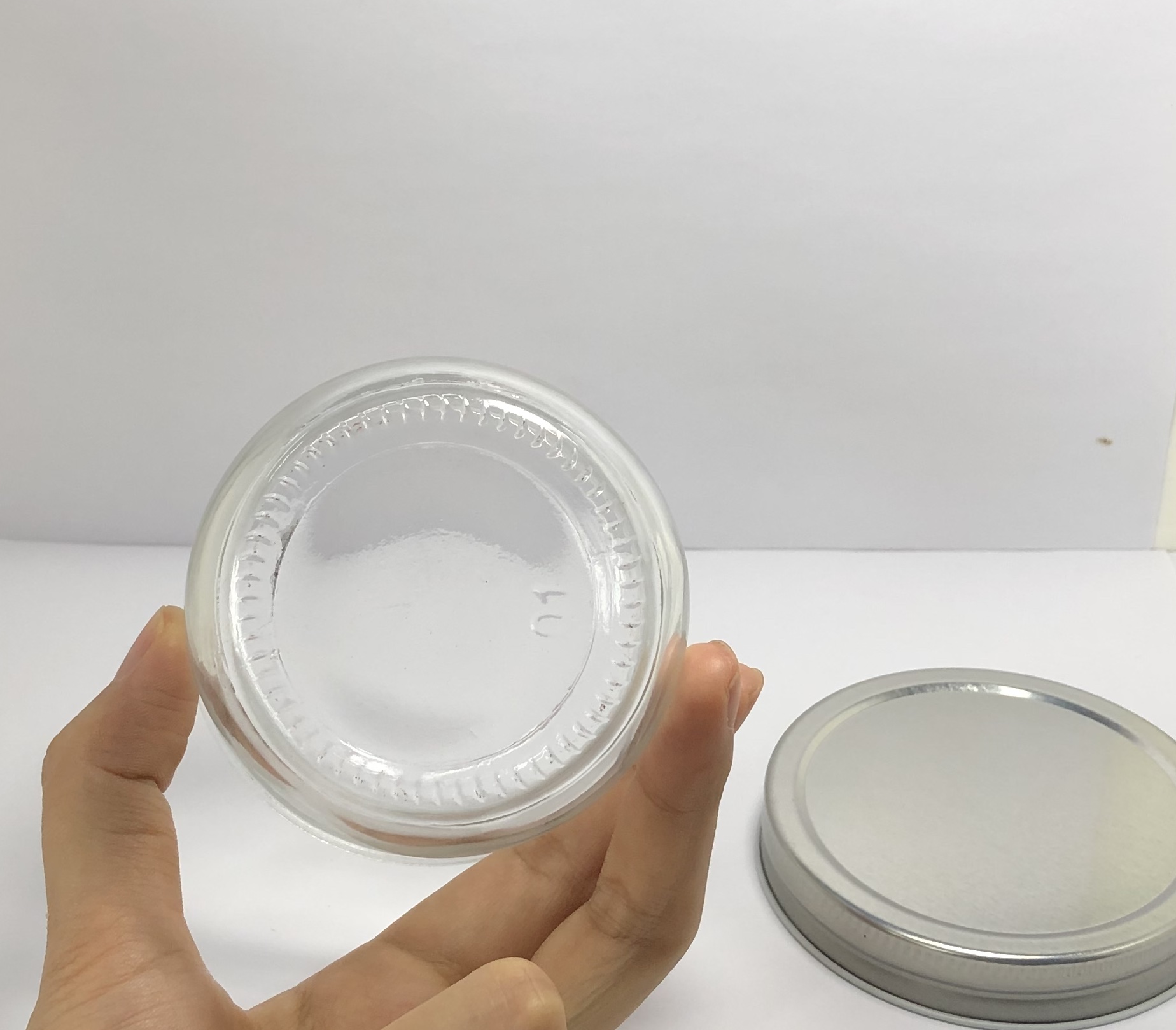 250ml clear round glass jar with silver metal screw cap and colorful labels