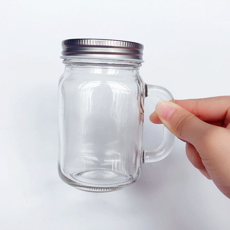 250ml clear square glass storage mason jar for drinking with handle and lid