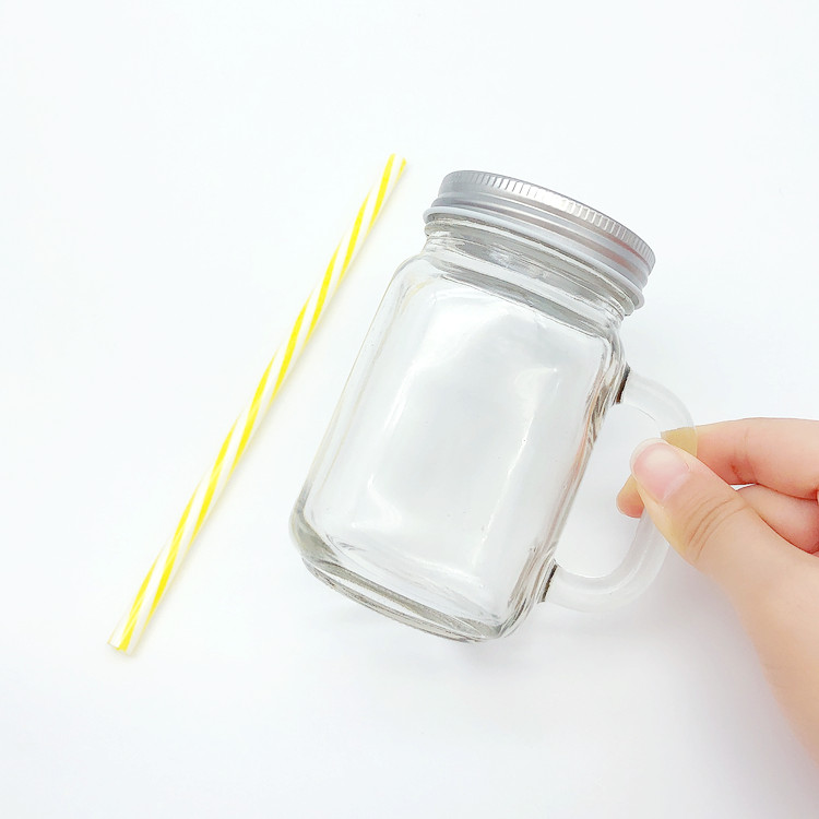 250ml clear square glass storage mason jar for drinking with handle and lid