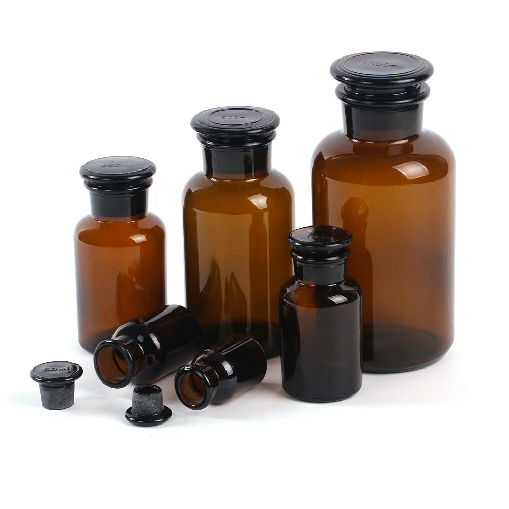 250ml empty amber glass chemical reagent bottle apothecary glass bottle with glass stopper