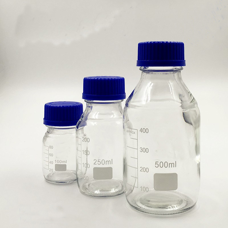250ml flask clear autoclavable reagent apothecary glass bottle with scale and bule lid