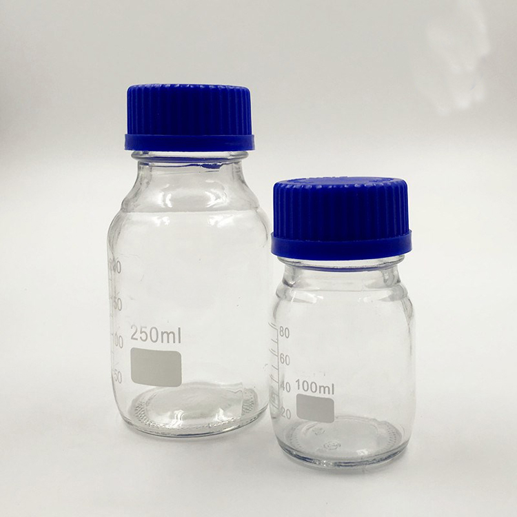 250ml flask clear autoclavable reagent apothecary glass bottle with scale and bule lid