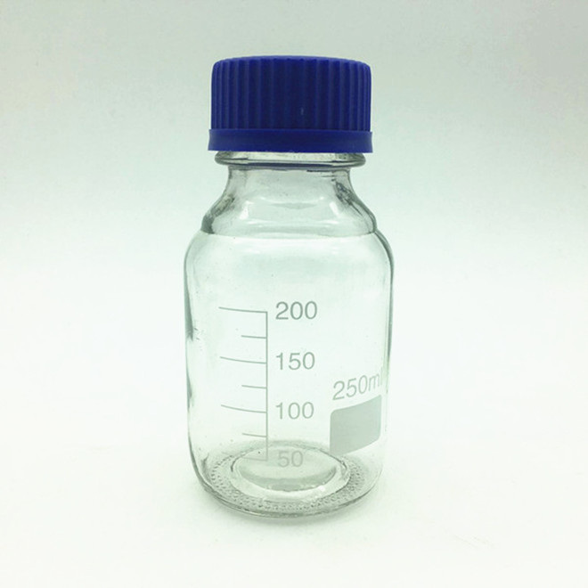 250ml flask clear autoclavable reagent apothecary glass bottle with scale and bule lid