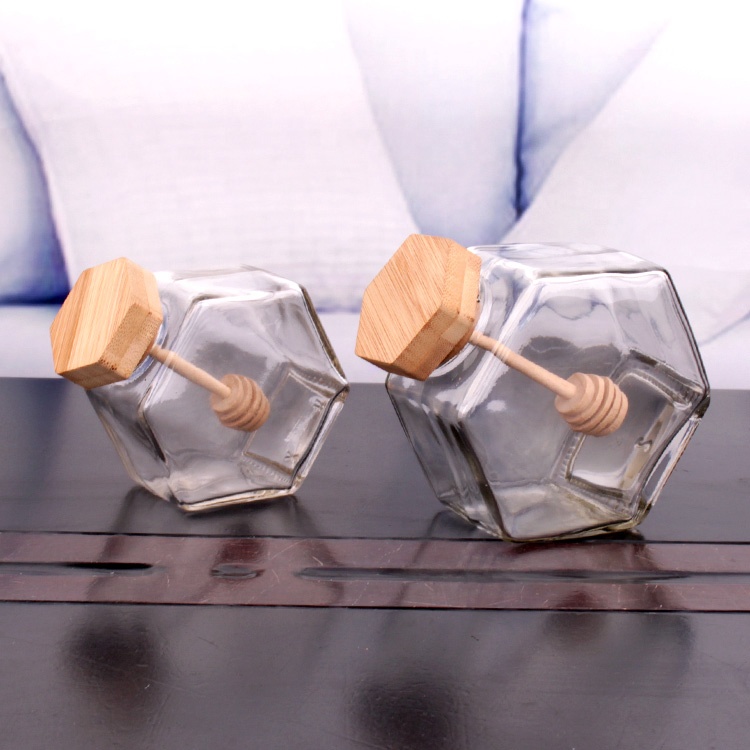 250ml hexagon glass honey pot jar with wooden dipper and cork lid for home kitchen