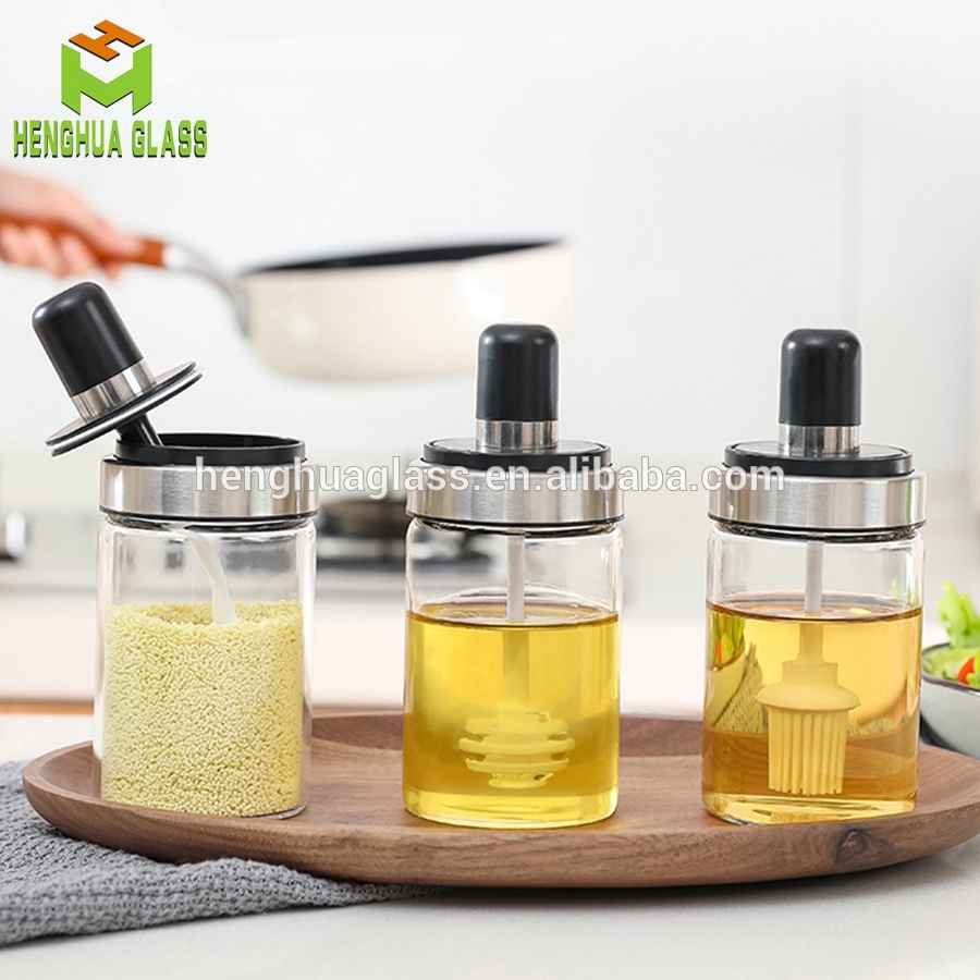 250ml kitchen glass spice jar cooking oil glass bottle slat honey dipper jars with brush spices jar container with spoon