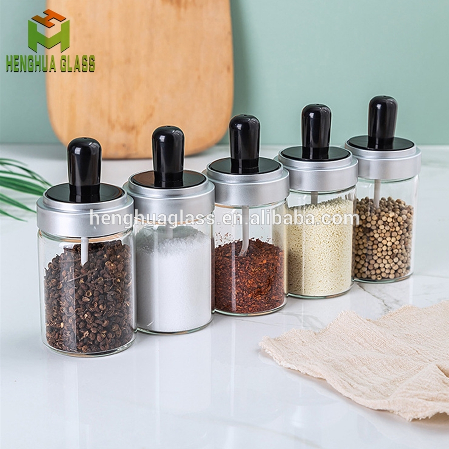 250ml kitchen glass spice jar cooking oil glass bottle slat honey dipper jars with brush spices jar container with spoon