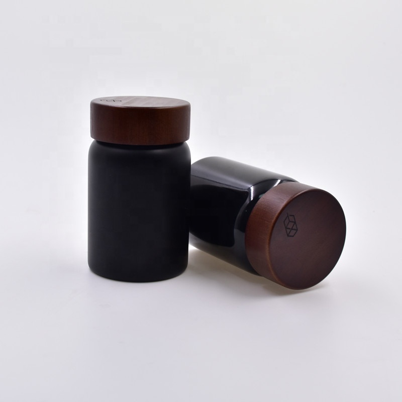 250ml matte glossy black Skin Care cosmetic packaging face cream containers honey jar with child resistant bamboo cap wooden lid