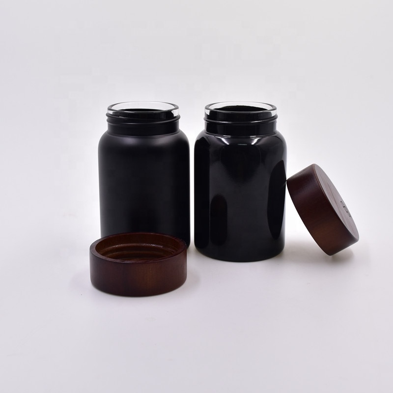 250ml matte glossy black Skin Care cosmetic packaging face cream containers honey jar with child resistant bamboo cap wooden lid