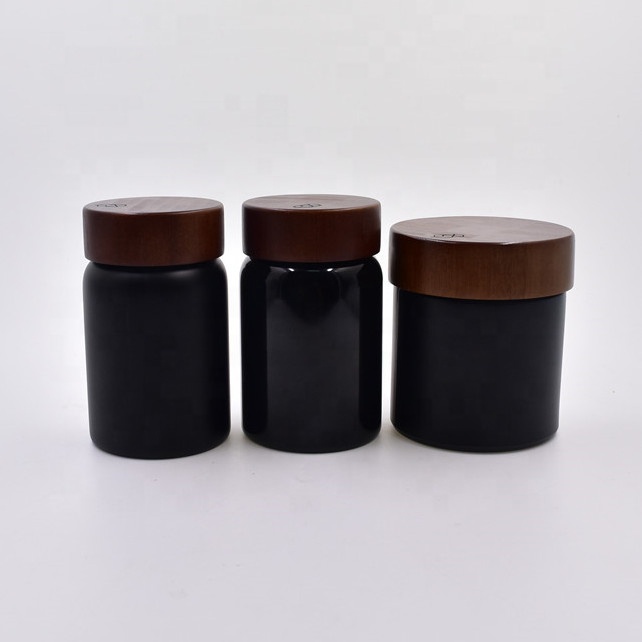 250ml matte glossy black frosted Skin Care cosmetic packaging containers face cream  jar with child resistant bamboo wooden lid